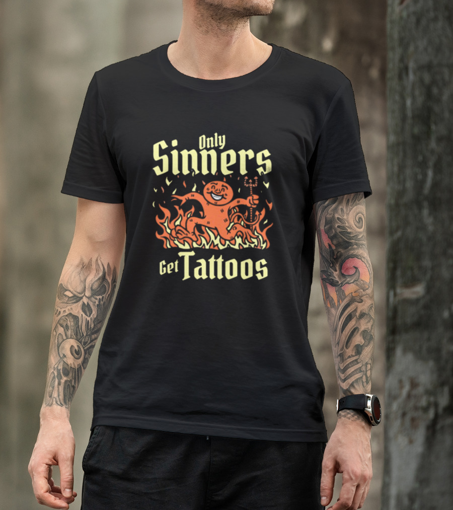 Gotfunny Only Sinners Get Tattoos Gingerbread Devil In Flames T-Shirt