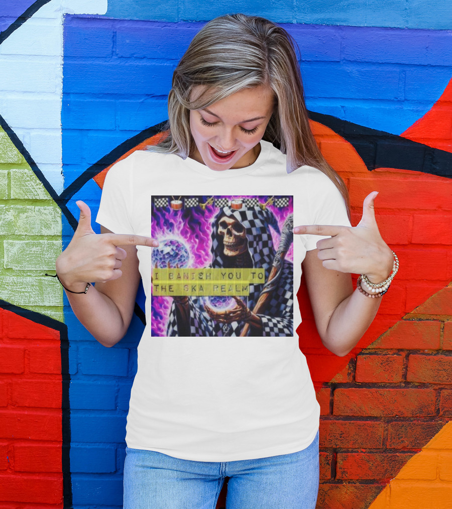 I Banish You To The Ska Realm With Skeleton Holding Disco Balls And Checkered T-Shirt