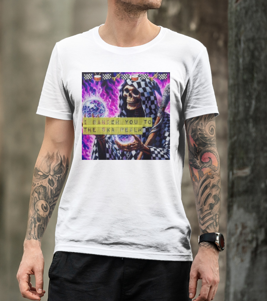 I Banish You To The Ska Realm With Skeleton Holding Disco Balls And Checkered T-Shirt