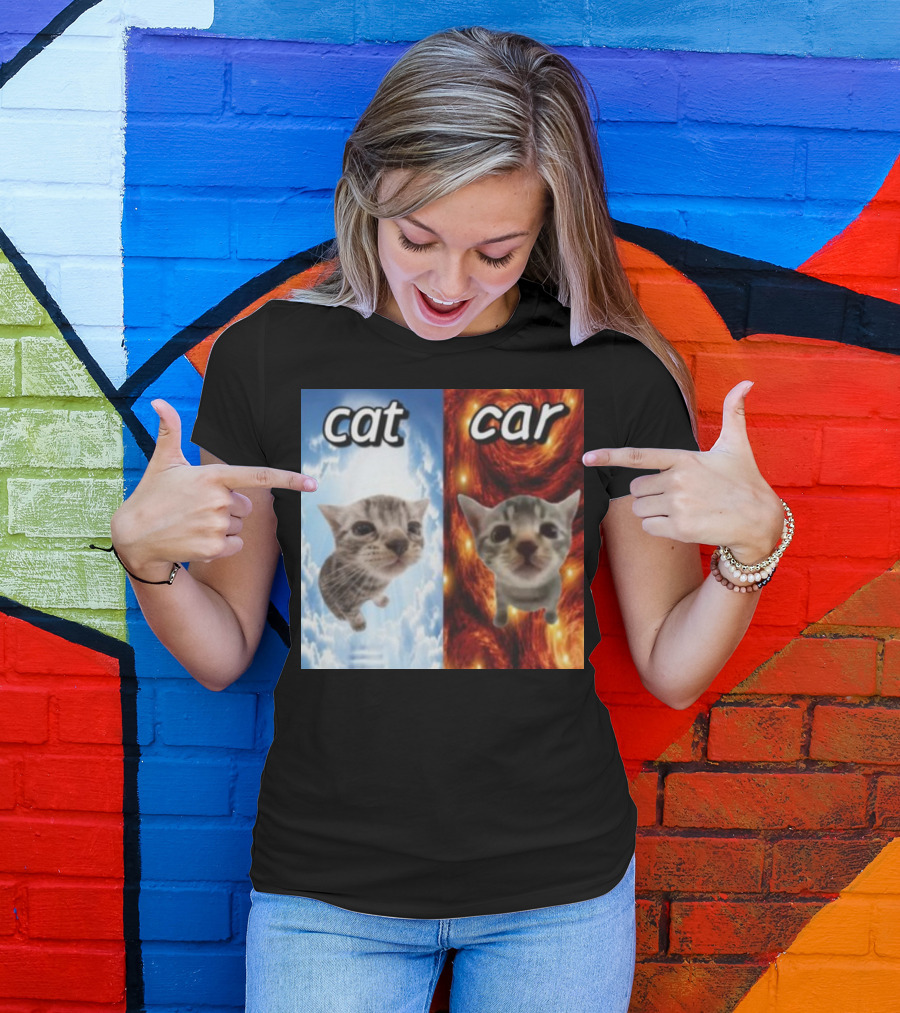 Cringeytees Cat Car Kitten Showdown Sky Vs Swirl Background T-Shirt
