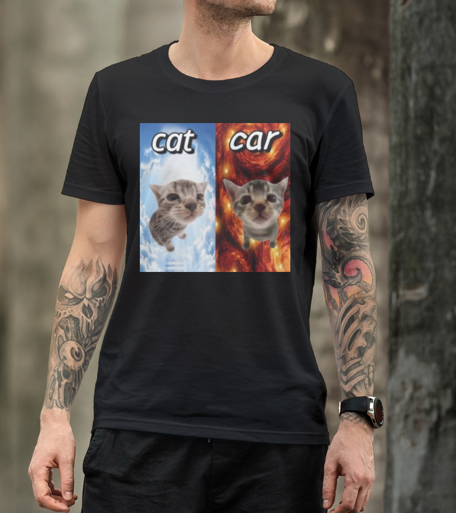 Cringeytees Cat Car Kitten Showdown Sky Vs Swirl Background T-Shirt