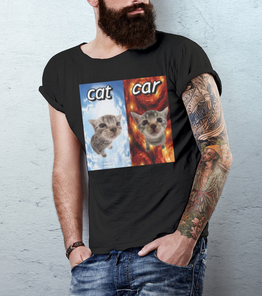 Cringeytees Cat Car Kitten Showdown Sky Vs Swirl Background T-Shirt
