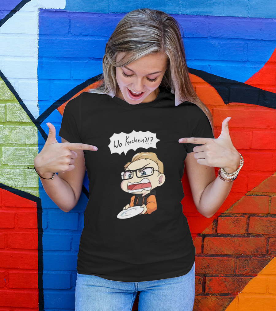 Wo Kuchen?? Comic Character Holding Empty Plate T-Shirt
