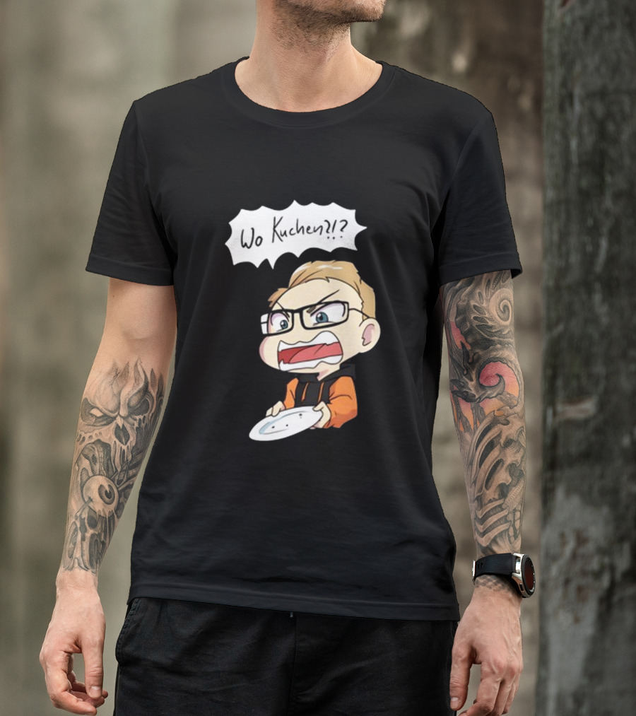 Wo Kuchen?? Comic Character Holding Empty Plate T-Shirt