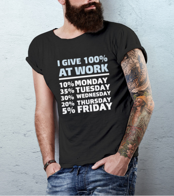 I Give 100% At Work 10% Monday 35% Tuesday 30% Wednesday 20% Thursday 5% Friday Humorous Workweek Breakdown T-Shirt