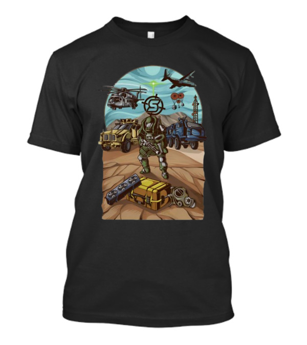 Final Exfil Military Tactical Scene With Soldier Vehicles Helicopter And Plane T-Shirt