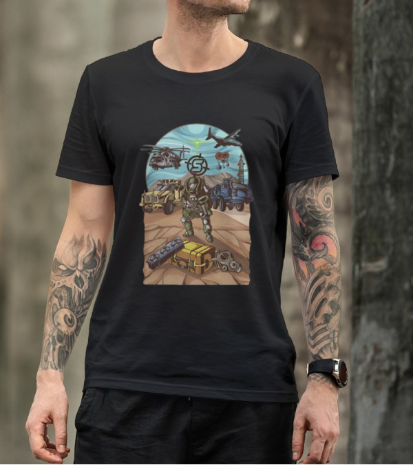 Final Exfil Military Tactical Scene With Soldier Vehicles Helicopter And Plane T-Shirt