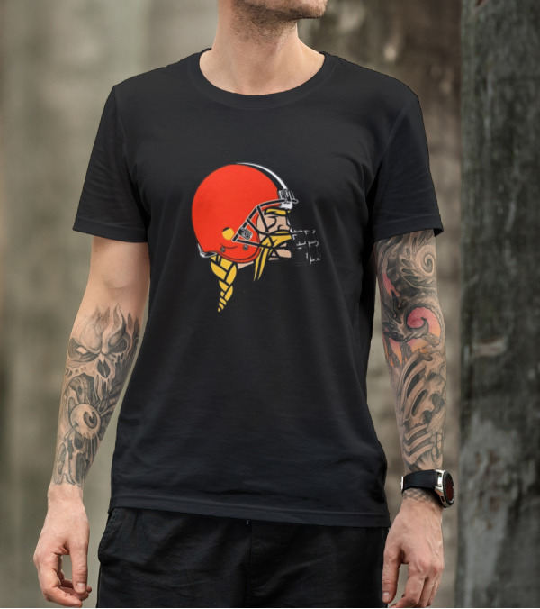 Vikings Helmet Featuring Browns Colors And Iconic Braided Warrior T-Shirt