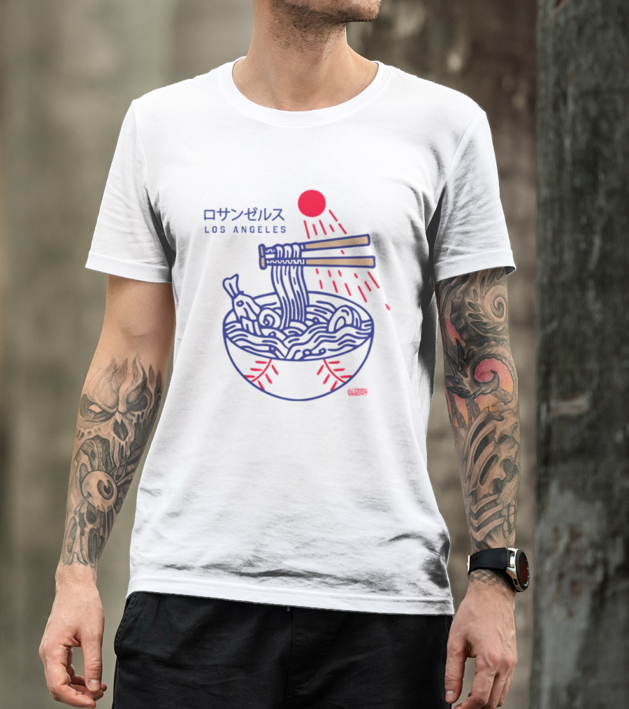 Los Angeles Ramen Bowl With Chopsticks Under Red Sun - Intheclutch Chavez T-Shirt