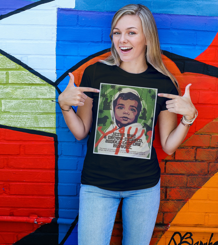 Jesus Was A Brown-Skinned Middle-Eastern Refugee Young Child Portrait Green Star Background T-Shirt