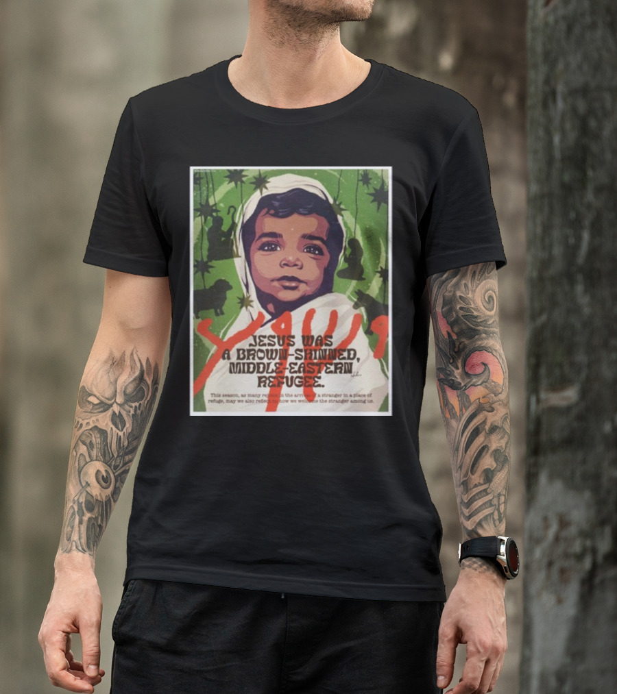 Jesus Was A Brown-Skinned Middle-Eastern Refugee Young Child Portrait Green Star Background T-Shirt