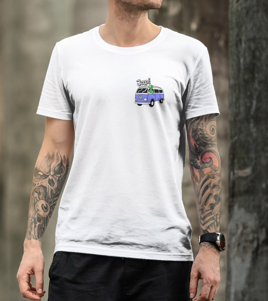 Japi Alien Character Surfer Riding Blue Peace Bus T-Shirt