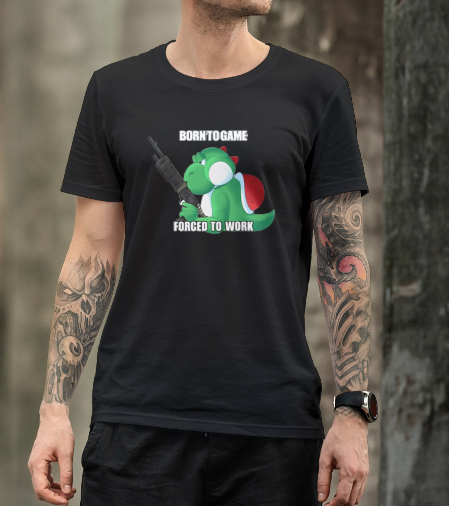 Born To Game Forced To Work Green Dinosaur Headphones Gaming Character T-Shirt