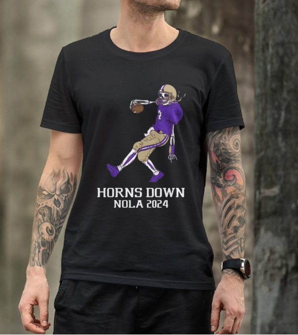 Horns Down Nola 2024 Skeleton Football Player T-Shirt