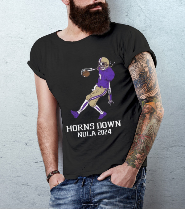 Horns Down Nola 2024 Skeleton Football Player T-Shirt