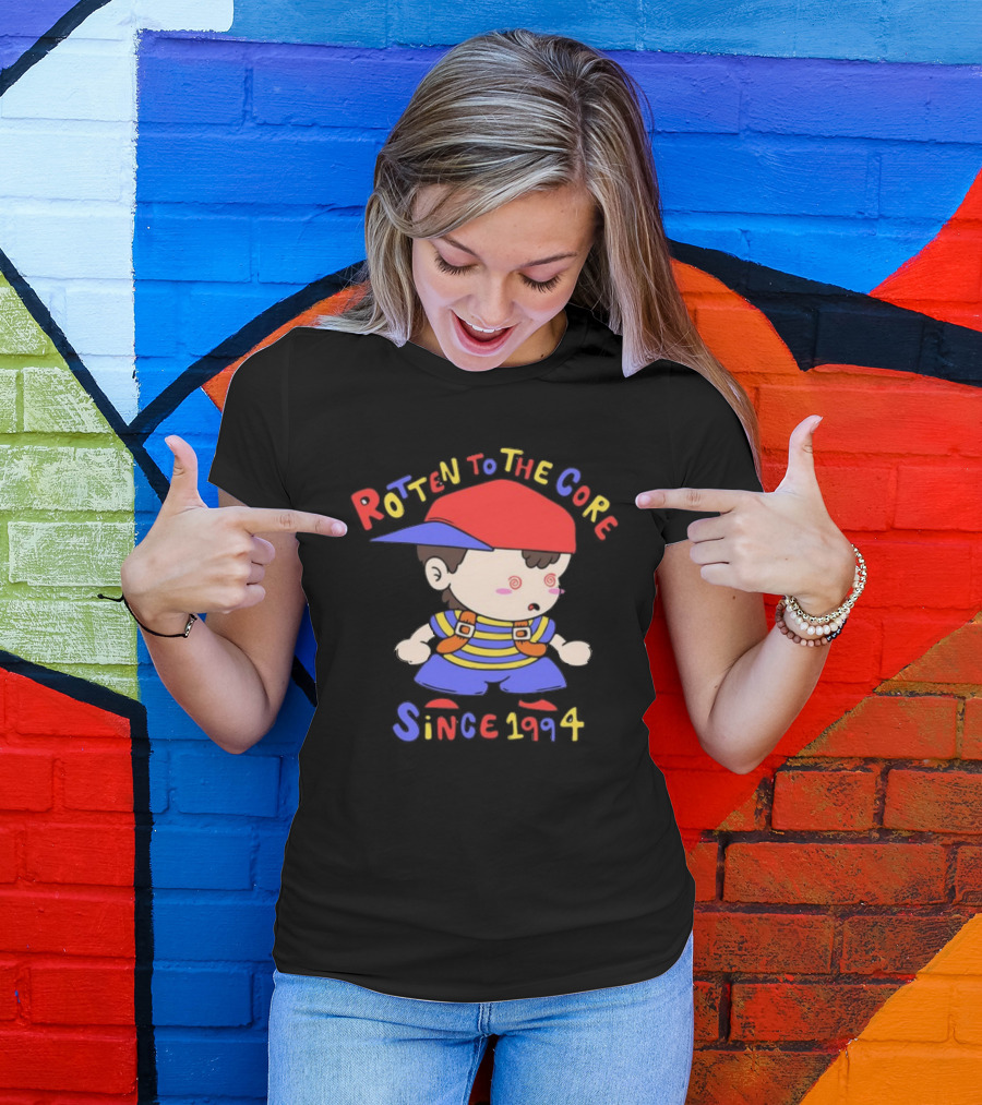 Rotten To The Core Since 1994 Cartoon Character With Red Cap And Striped T-Shirt
