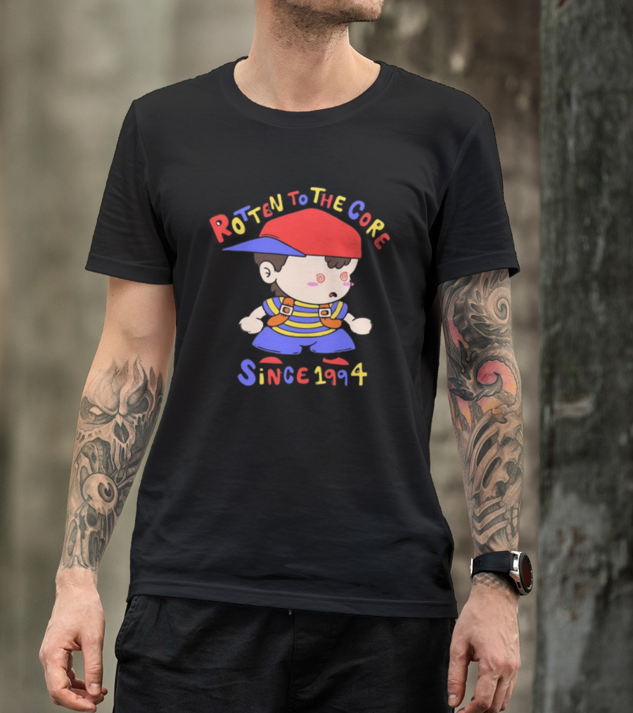 Rotten To The Core Since 1994 Cartoon Character With Red Cap And Striped T-Shirt