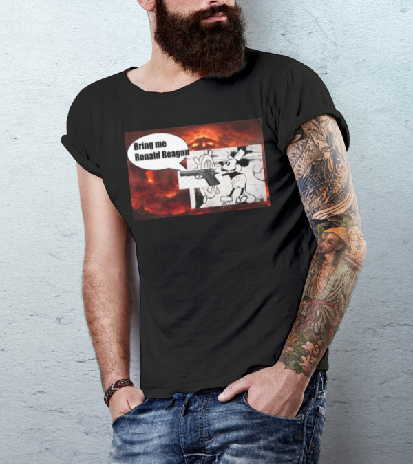 Bring Me Ronald Reagan Cartoon Character And Gun Over Fiery Background T-Shirt