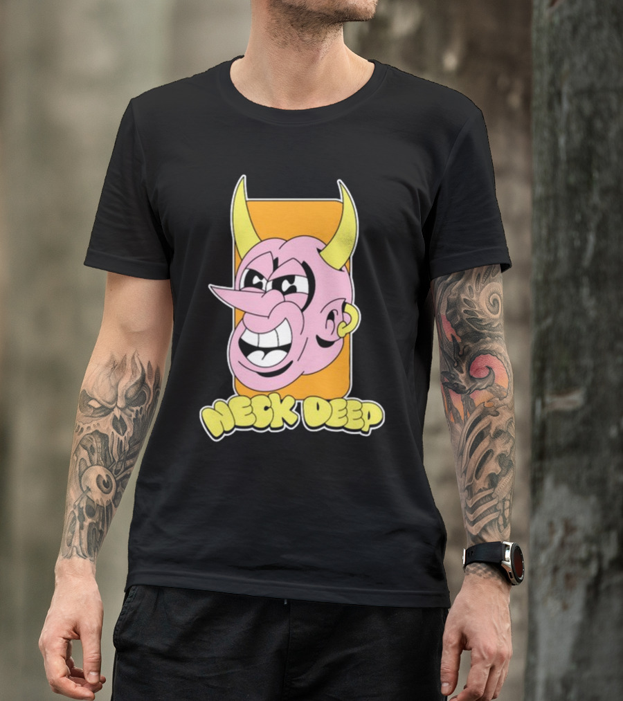 NeckDeepUK Neck Deep Cartoon Devil Face Yellow Horns Pink Head T-Shirt