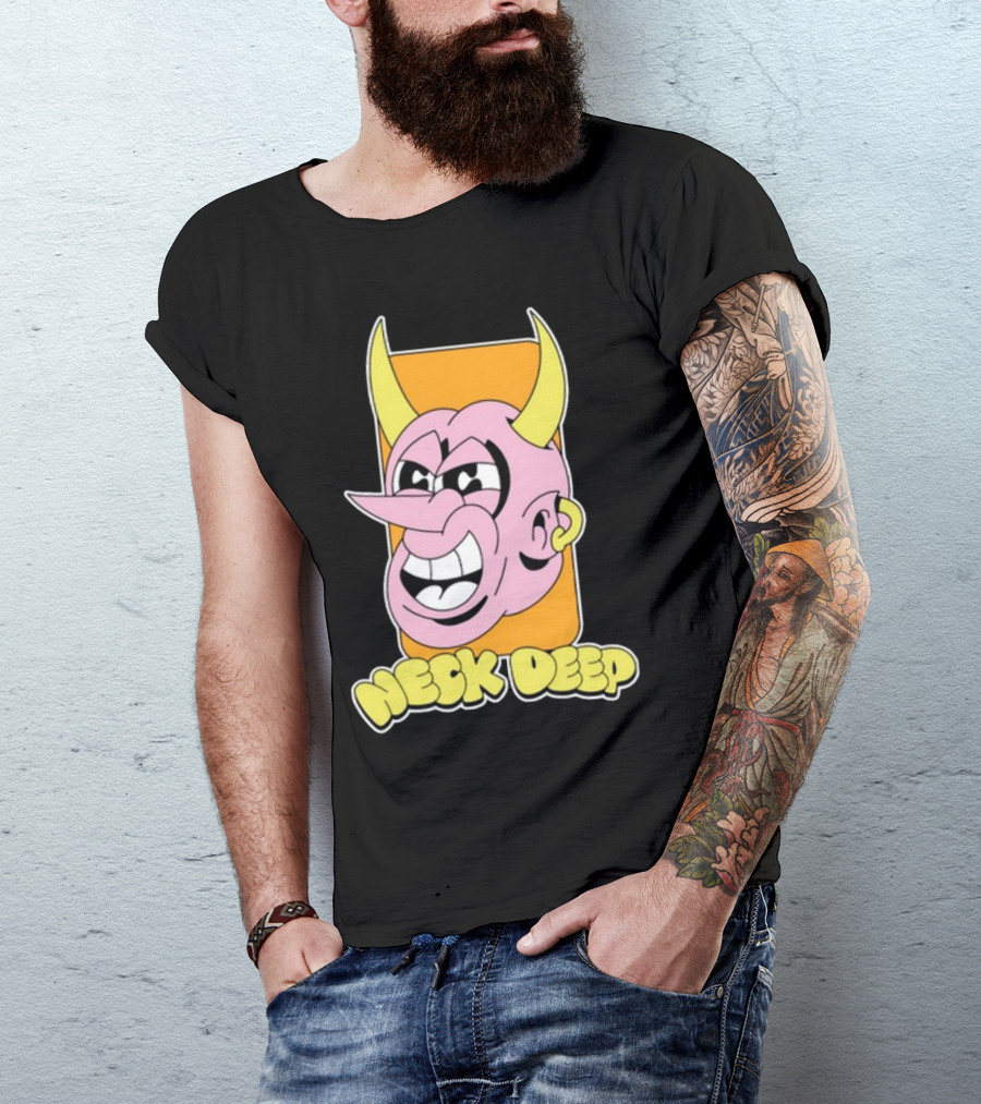 NeckDeepUK Neck Deep Cartoon Devil Face Yellow Horns Pink Head T-Shirt