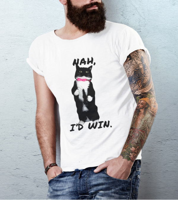 Nah I'd Win Black And White Cat With Pink Bow Tie T-Shirt