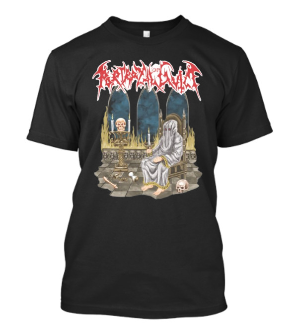 Portrayal Of Guilt Eyedust Cloaked Figure With Skull Throne And Candles T-Shirt