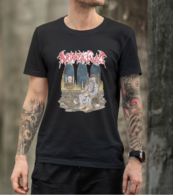 Portrayal Of Guilt Eyedust Cloaked Figure With Skull Throne And Candles T-Shirt