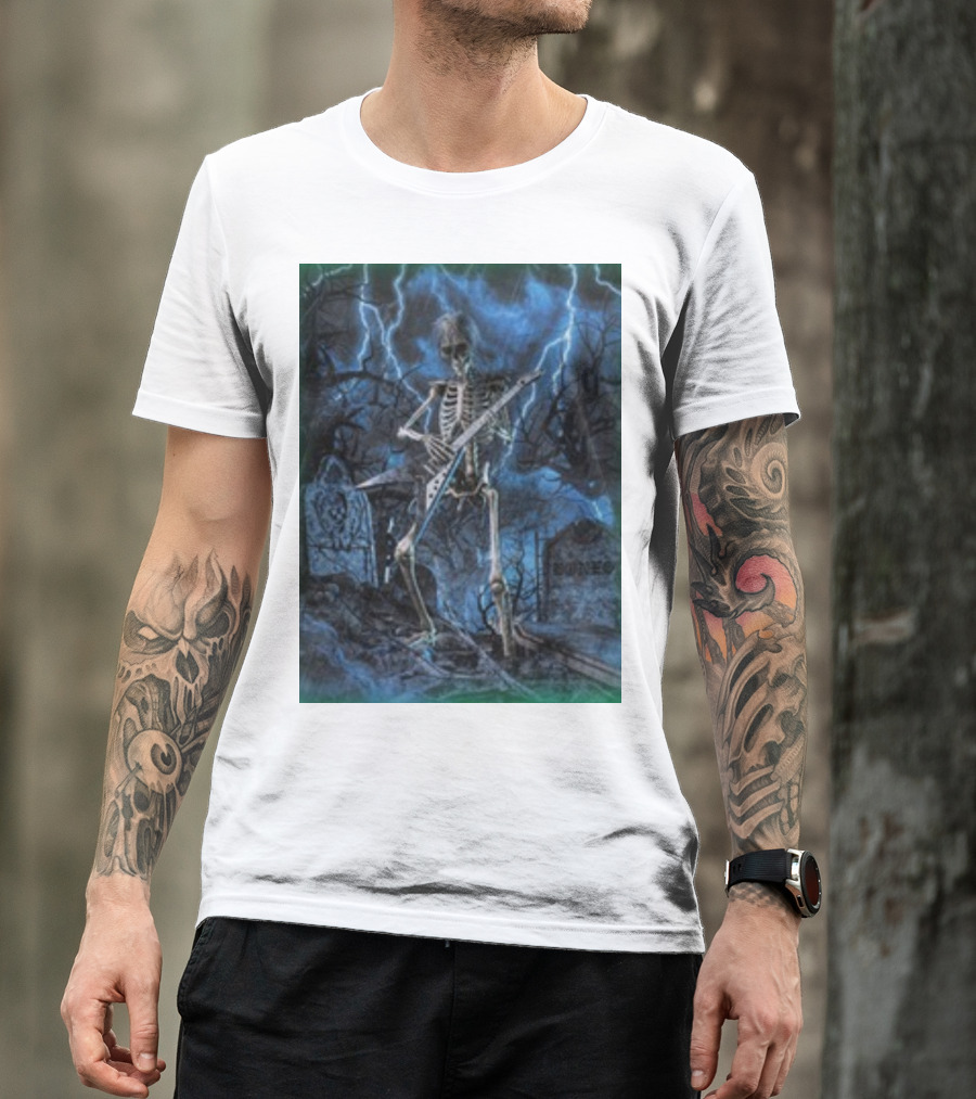 Teamsesh Rockthebone Skeleton With Electric Guitar In Graveyard Lightning Scene T-Shirt