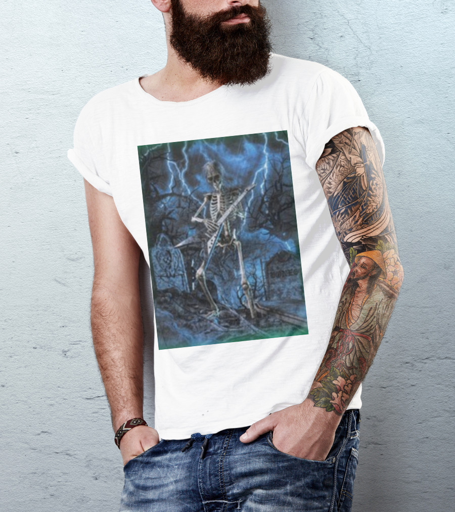 Teamsesh Rockthebone Skeleton With Electric Guitar In Graveyard Lightning Scene T-Shirt