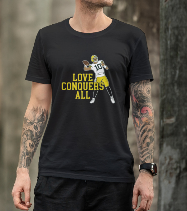 Love Conquers All Green And Yellow Number 10 Football Player T-Shirt