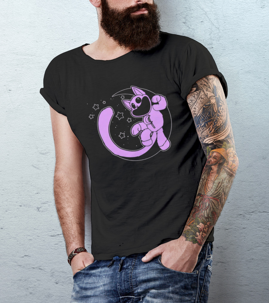 Purple Cartoon Cat With Stars And Moon T-Shirt