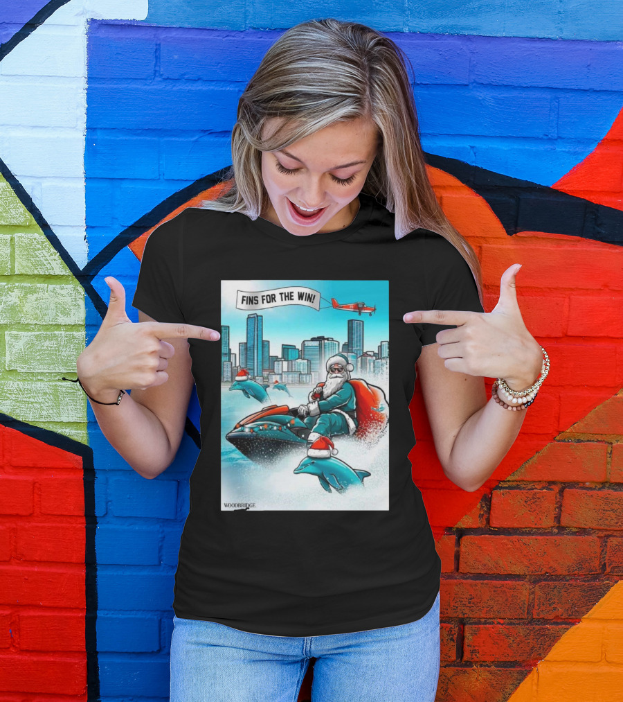Fins For The Win Santa Miami Dolphins Christmas Holiday T-Shirt