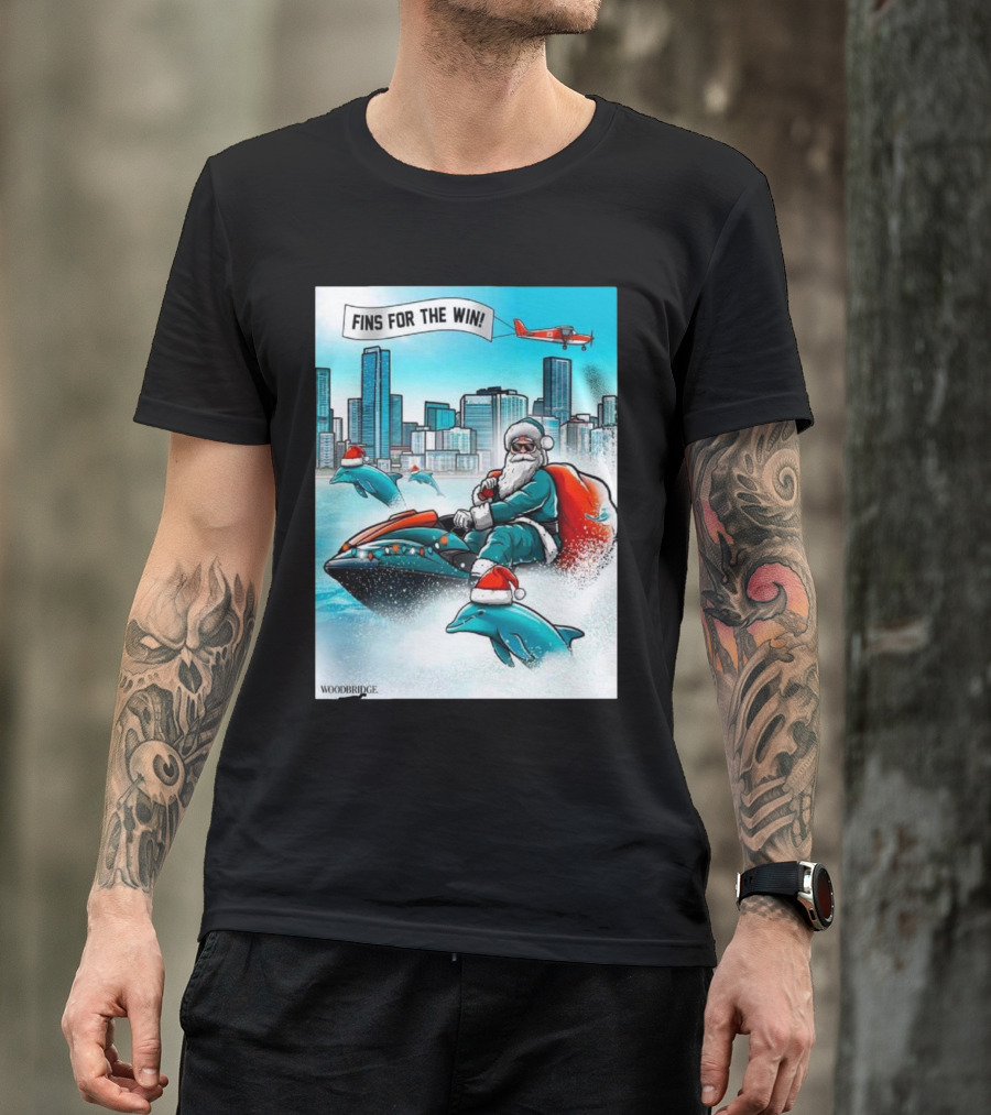 Fins For The Win Santa Miami Dolphins Christmas Holiday T-Shirt