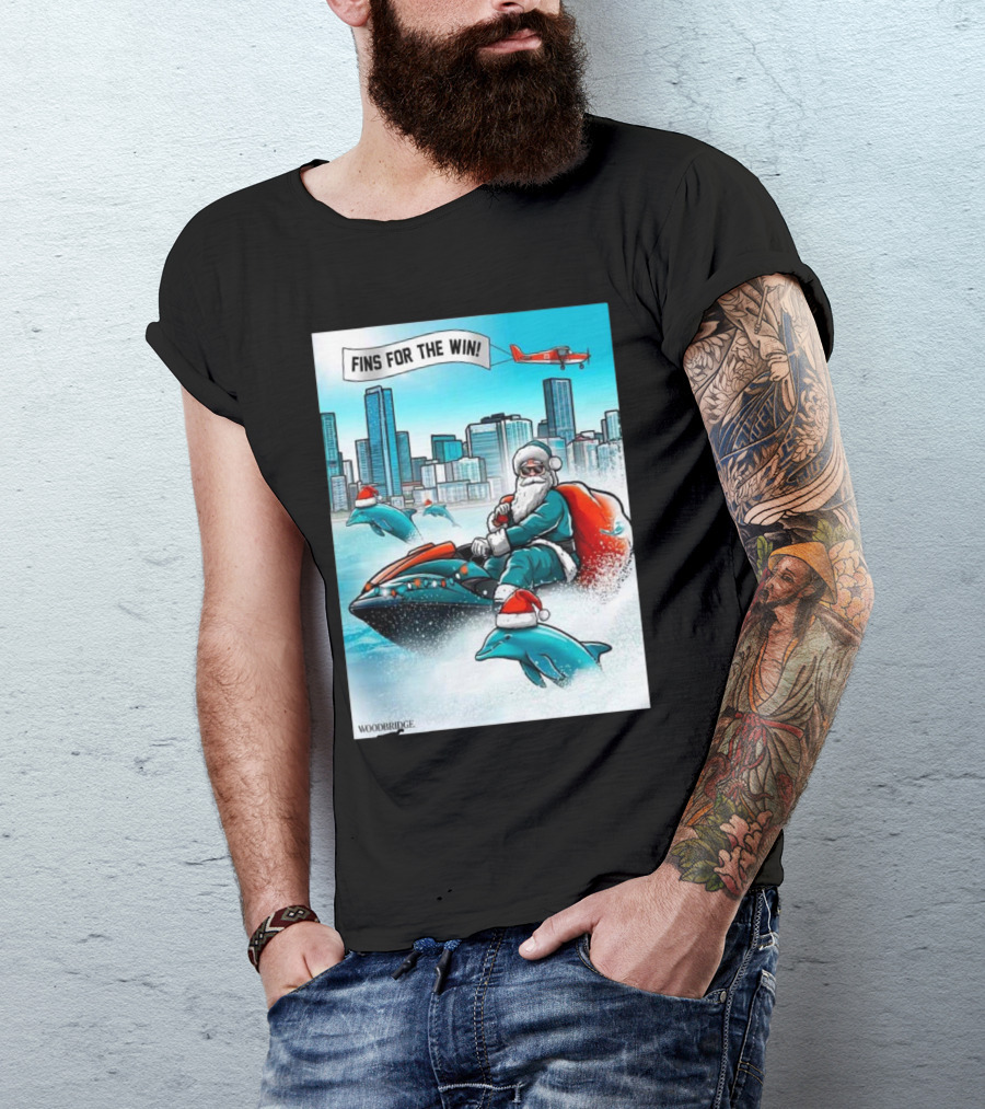 Fins For The Win Santa Miami Dolphins Christmas Holiday T-Shirt