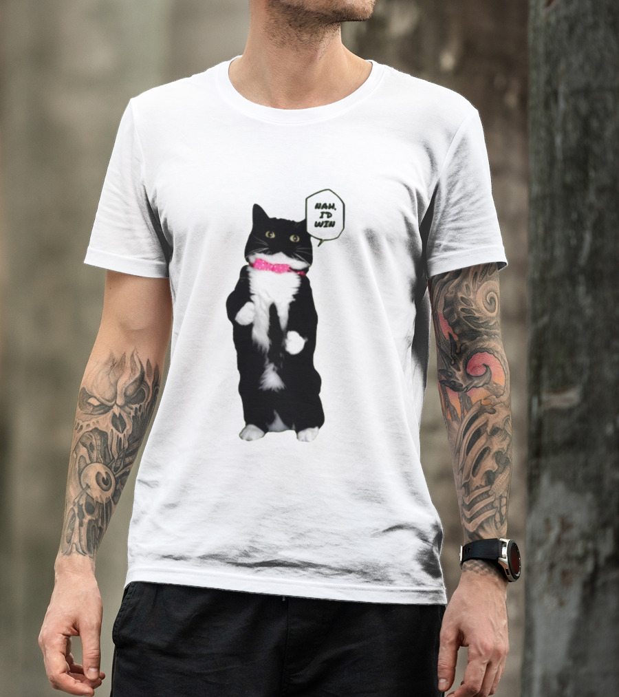 Nah I'd Win Cat Pink Collar Black And White Feline T-Shirt