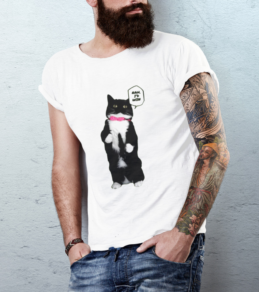 Nah I'd Win Cat Pink Collar Black And White Feline T-Shirt