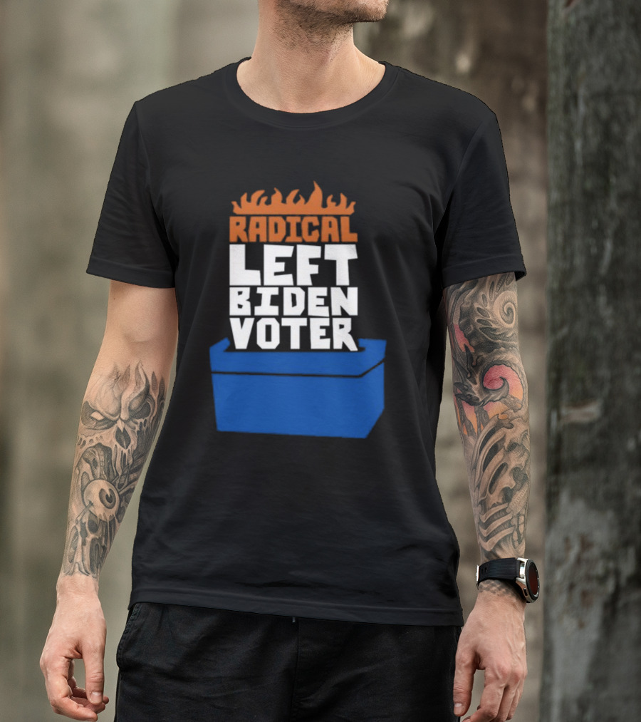 Radical Left Biden Voter New Burned Text Blue Box T-Shirt