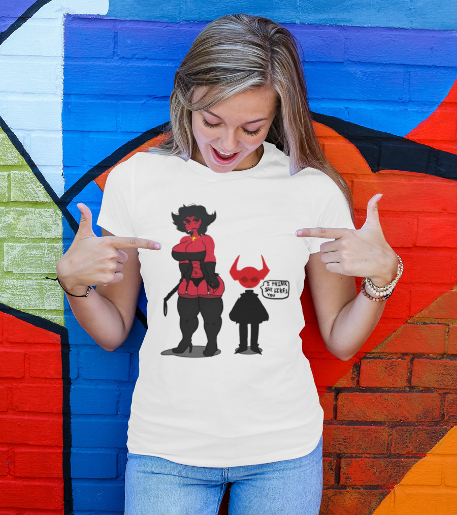 Thewboy Red Character With Devil Horns I Think She Likes You T-Shirt
