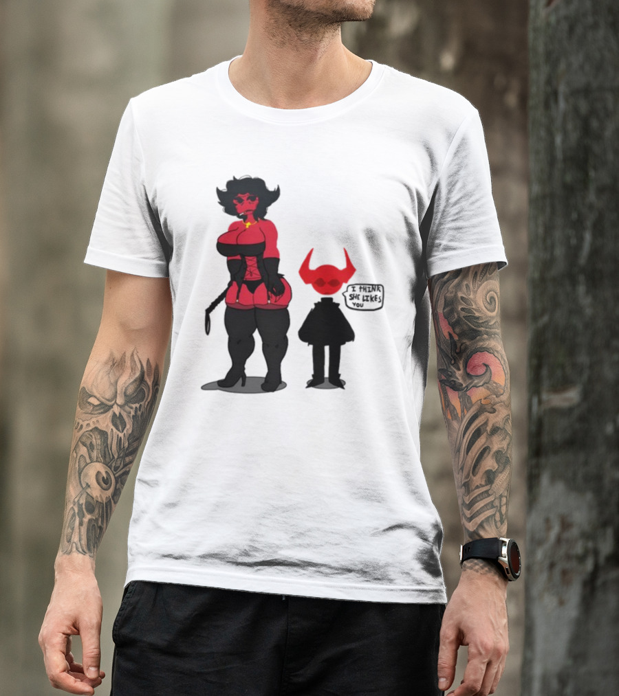 Thewboy Red Character With Devil Horns I Think She Likes You T-Shirt