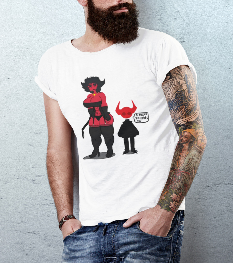 Thewboy Red Character With Devil Horns I Think She Likes You T-Shirt