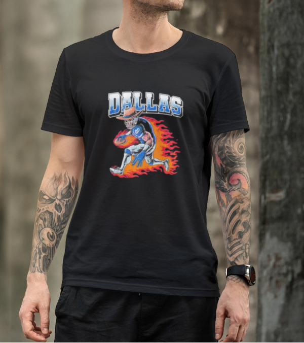 Dallas Cowboy Football Skeleton Player In Flames T-Shirt