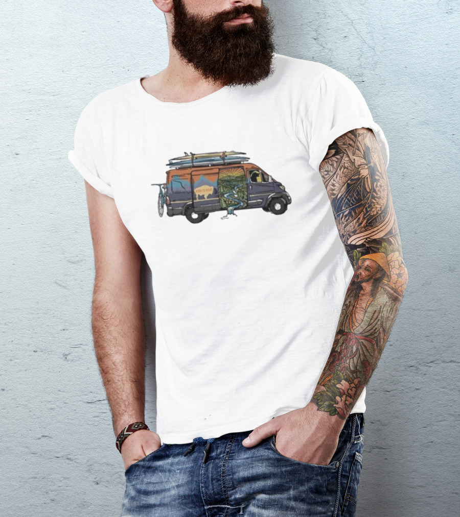 Born To Roam Adventure Camper With Surfboards And Bicycles T-Shirt