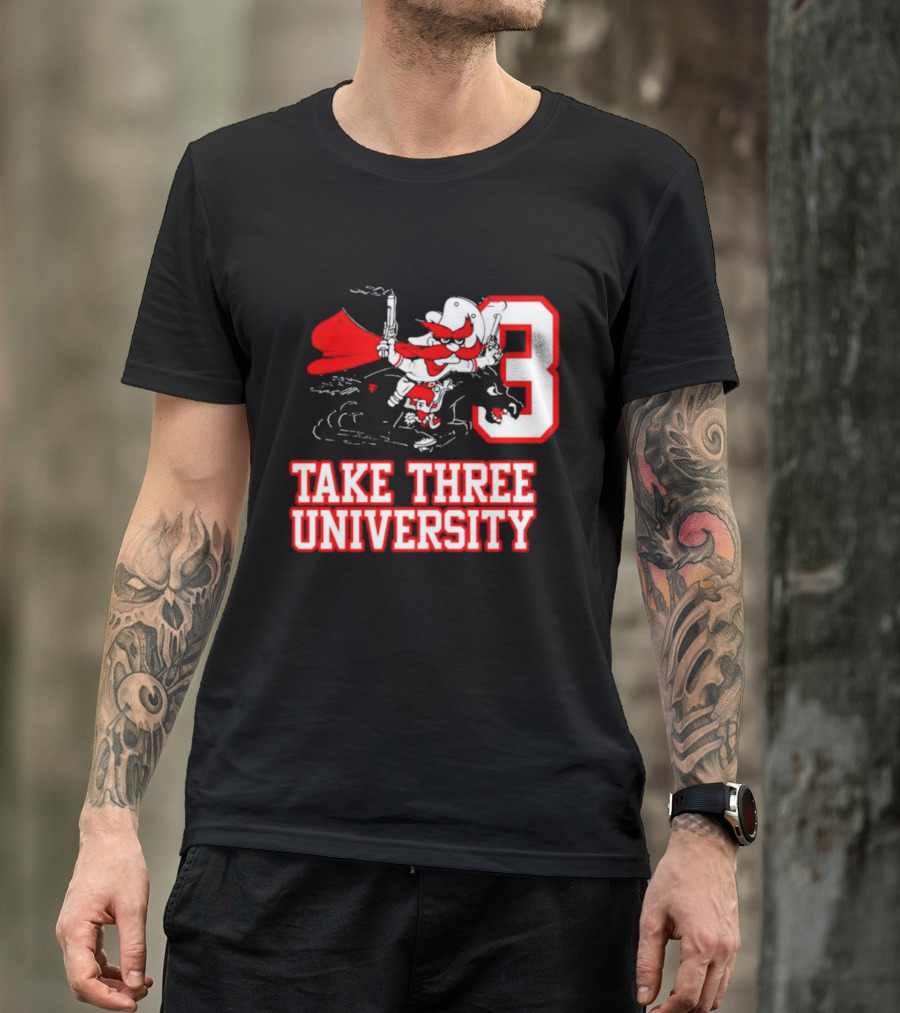 Take Three University Cowboy Mascot With Dual Pistols Number 3 T-Shirt