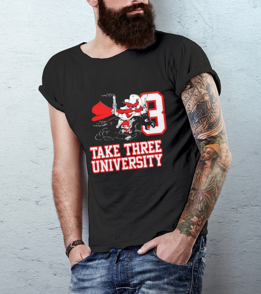 Take Three University Cowboy Mascot With Dual Pistols Number 3 T-Shirt