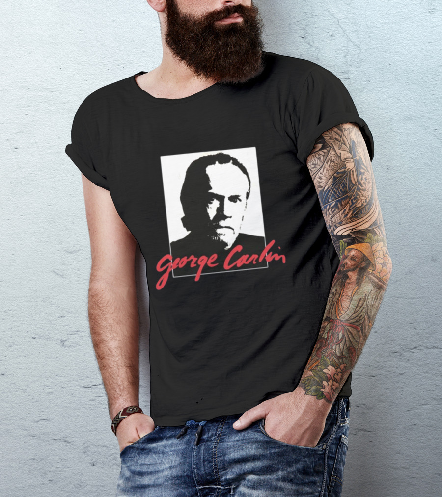 George Carlin Sometimes A Little Brain Damage Can Help Black And White Portrait Mike Cessario T-Shirt