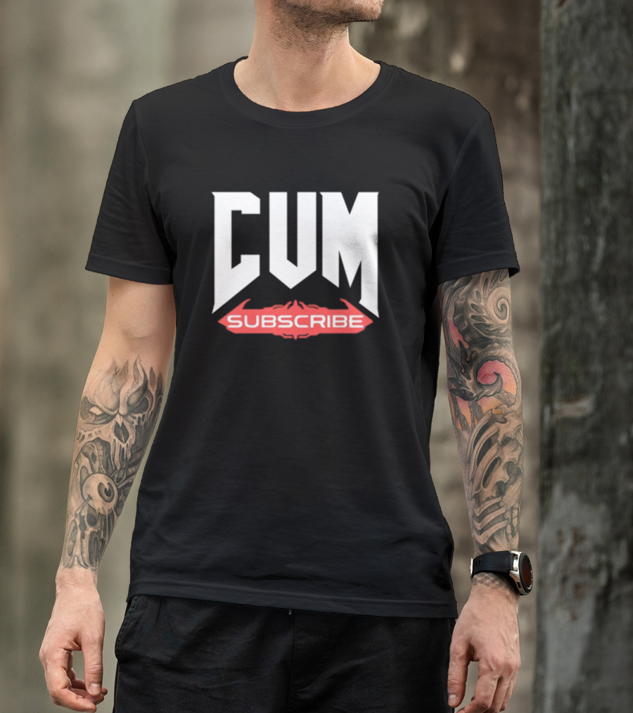 CUM Subscribe Doom Inspired Logo Gaming Meme T-Shirt