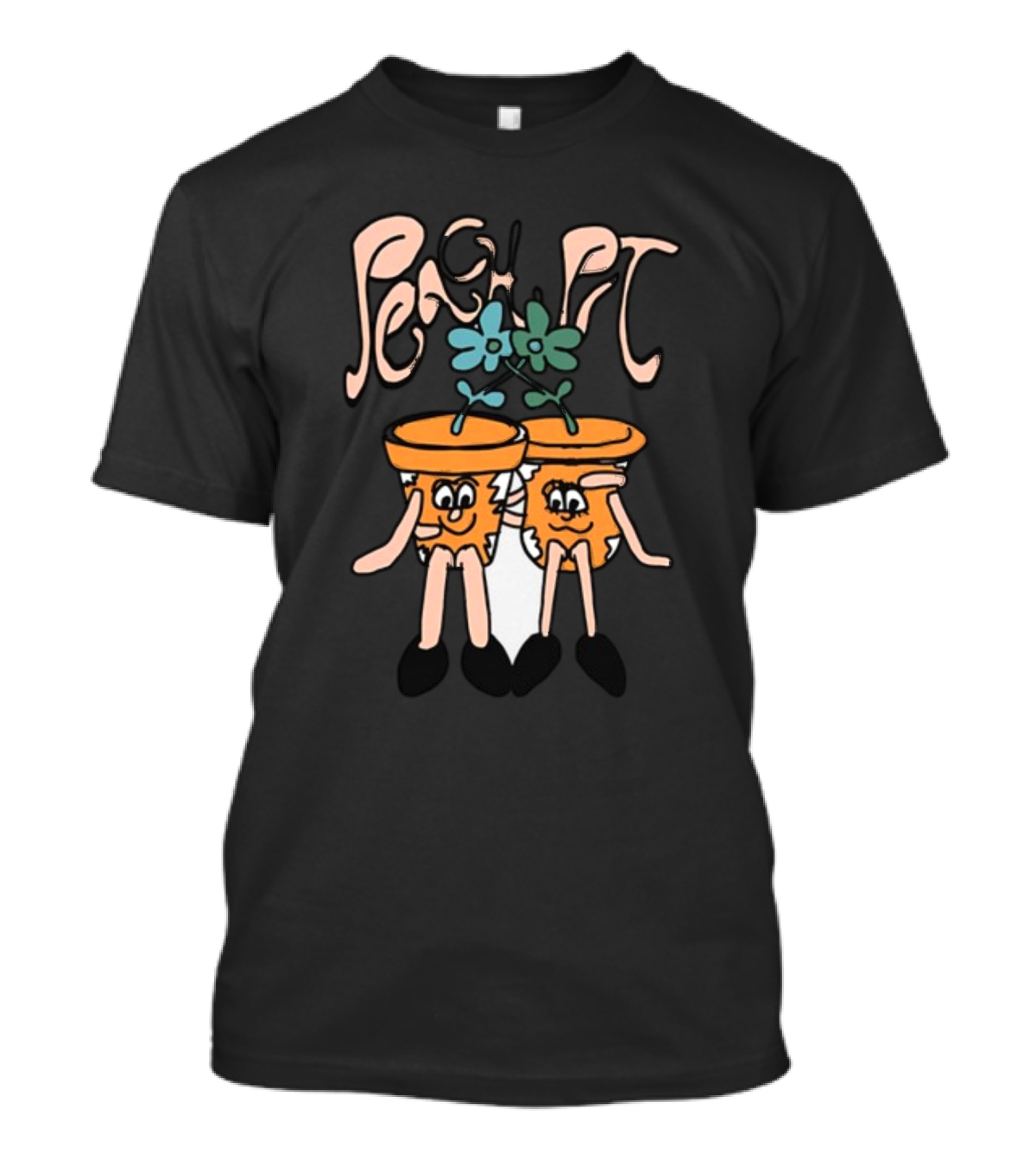 Peach Pit Dancing Flower Pots Duo Playful Cartoon Typography T-Shirt