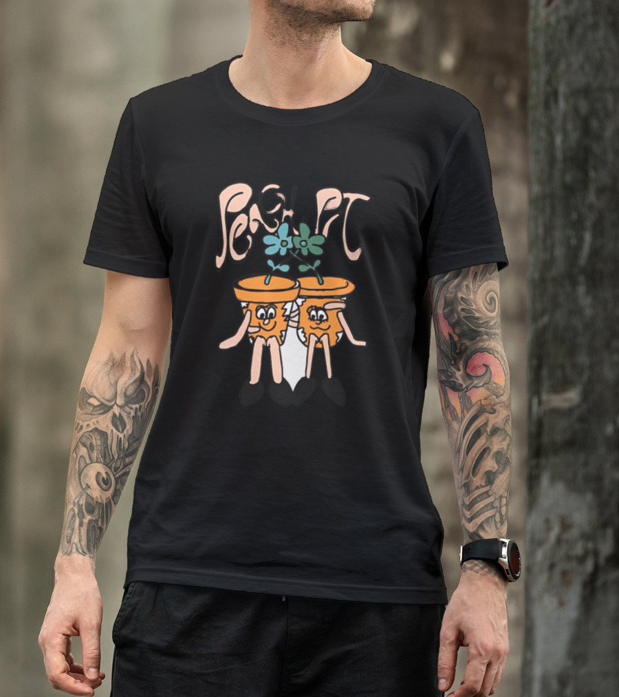 Peach Pit Dancing Flower Pots Duo Playful Cartoon Typography T-Shirt