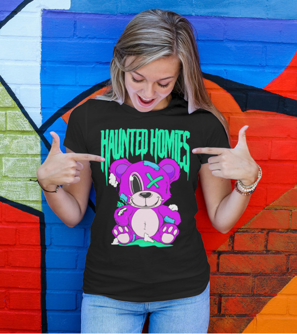 HAUNTED HOMIES Purple Teddy Bear Crossed Eye Patchwork T-Shirt