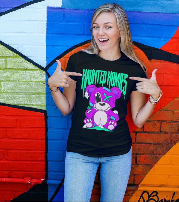 HAUNTED HOMIES Purple Teddy Bear Crossed Eye Patchwork T-Shirt